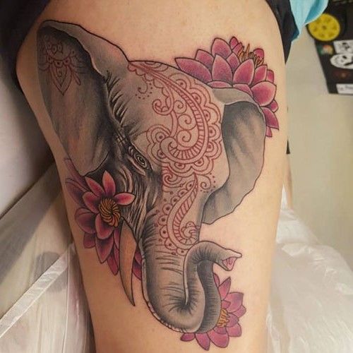 african elephant tattoo on thigh