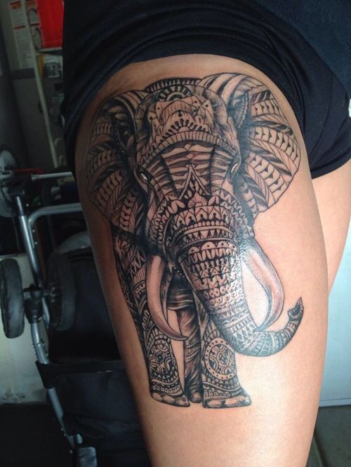 african elephant tattoo on thigh