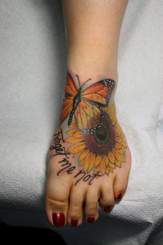 flower butterfly foot tattoos